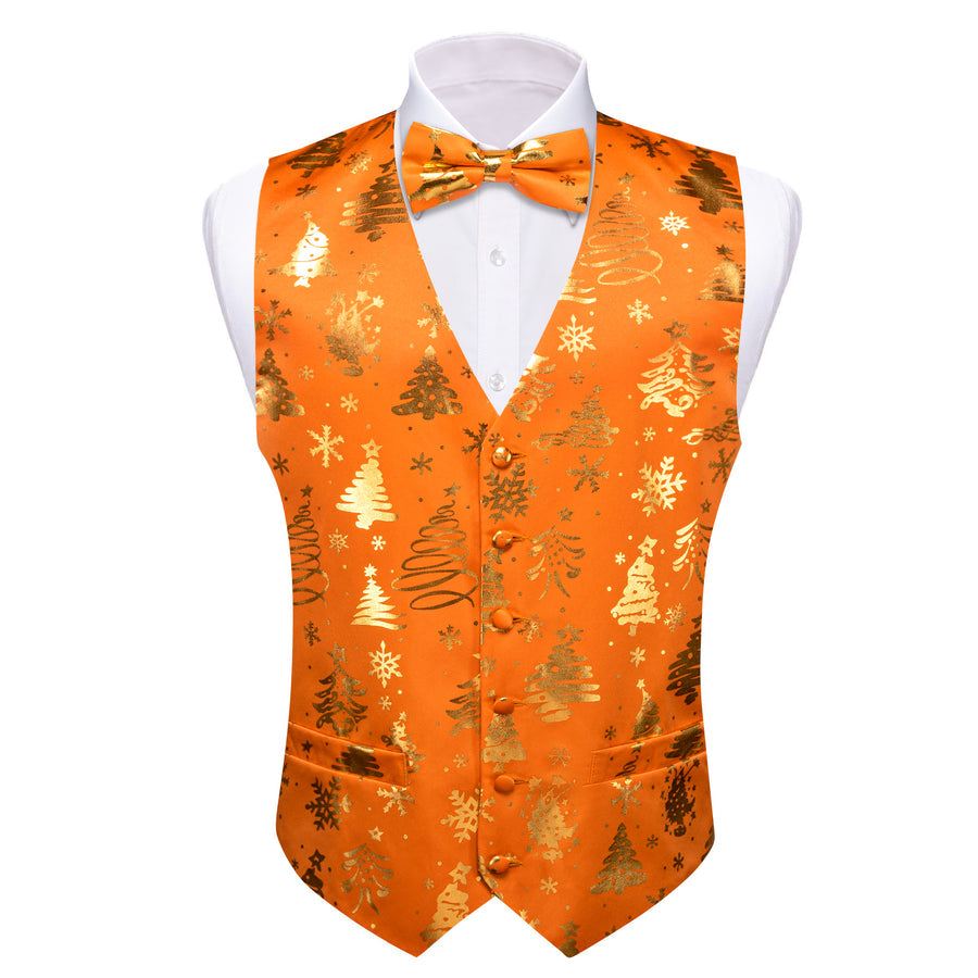 Orange Golden Christmas Tree Novelty Silk Men's Bowtie Vest Set vest set    - Sophisticated Gentlemen