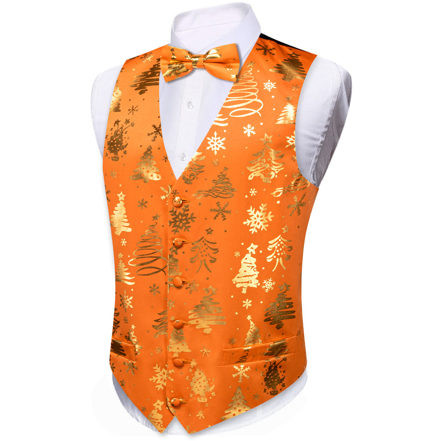 Orange Golden Christmas Tree Novelty Silk Men's Bowtie Vest Set vest set    - Sophisticated Gentlemen
