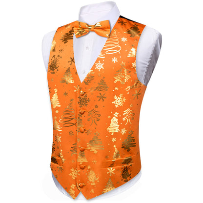 Orange Golden Christmas Tree Novelty Silk Men's Bowtie Vest Set vest set    - Sophisticated Gentlemen