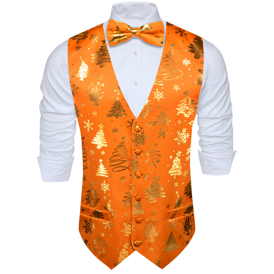 Orange Golden Christmas Tree Novelty Silk Men's Bowtie Vest Set vest set    - Sophisticated Gentlemen