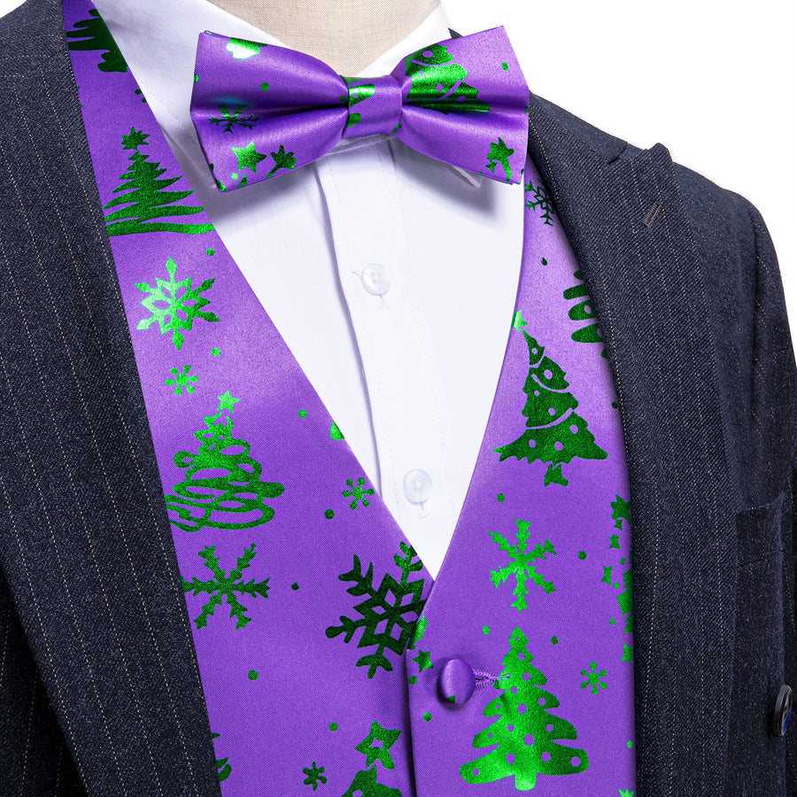 Purple Green Christmas Tree Novelty Silk Bowtie Vest Set vest set S (Chest 40")   - Sophisticated Gentlemen