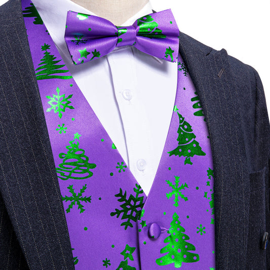 Purple Green Christmas Tree Novelty Silk Bowtie Vest Set vest set S (Chest 40")   - Sophisticated Gentlemen