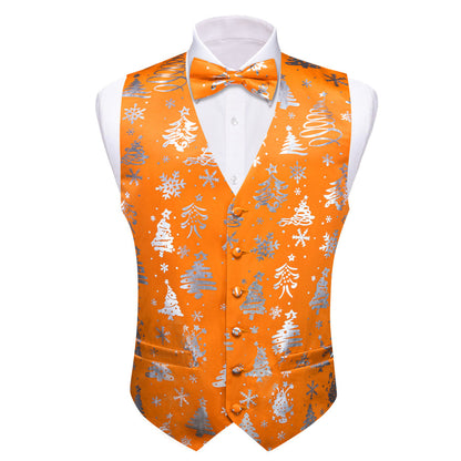 Orange Silver Christmas Tree Novelty Silk Men's Bowtie Vest Set vest set    - Sophisticated Gentlemen