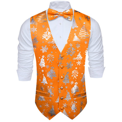 Orange Silver Christmas Tree Novelty Silk Men's Bowtie Vest Set vest set    - Sophisticated Gentlemen