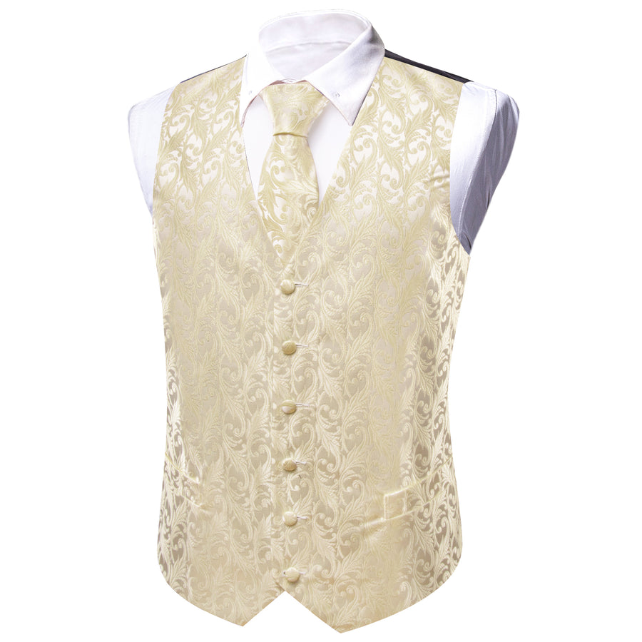 Light Golden Yellow Floral Silk Vest Set vest set    - Sophisticated Gentlemen