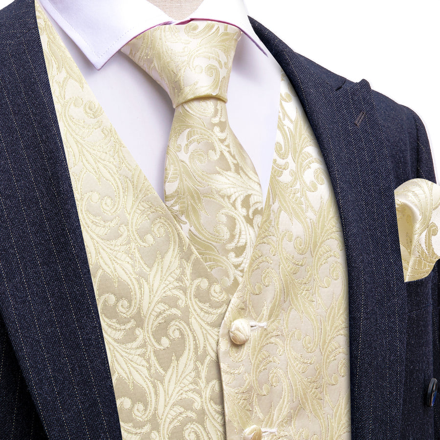 Light Golden Yellow Floral Silk Vest Set vest set S (Chest 40")   - Sophisticated Gentlemen