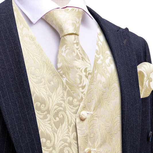Light Golden Yellow Floral Silk Vest Set vest set S (Chest 40")   - Sophisticated Gentlemen