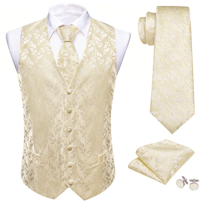 Light Golden Yellow Floral Silk Vest Set vest set    - Sophisticated Gentlemen