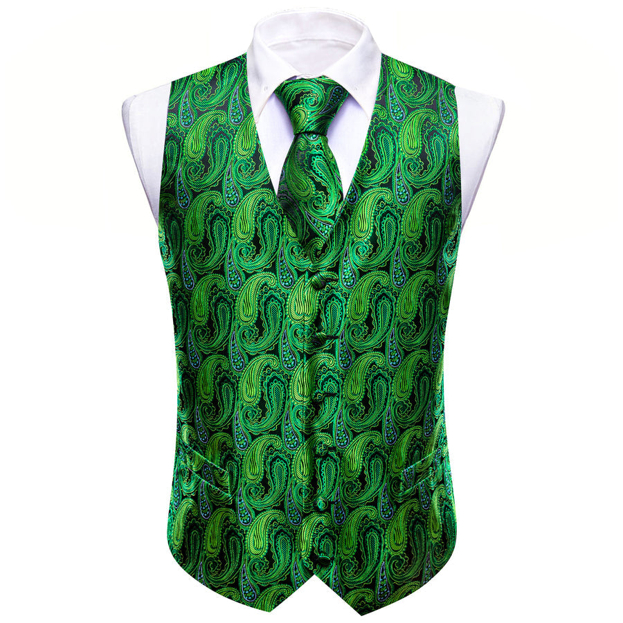 Emerald Green Paisley Silk Vest Set vest set    - Sophisticated Gentlemen