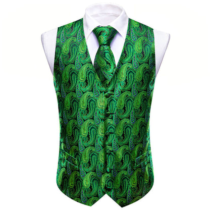 Emerald Green Paisley Silk Vest Set vest set    - Sophisticated Gentlemen