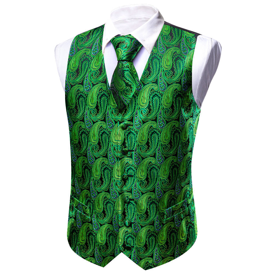 Emerald Green Paisley Silk Vest Set vest set    - Sophisticated Gentlemen