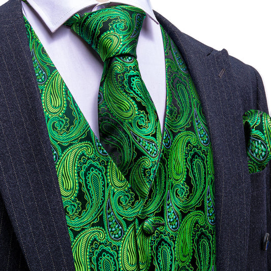 Emerald Green Paisley Silk Vest Set vest set S (Chest 40")   - Sophisticated Gentlemen