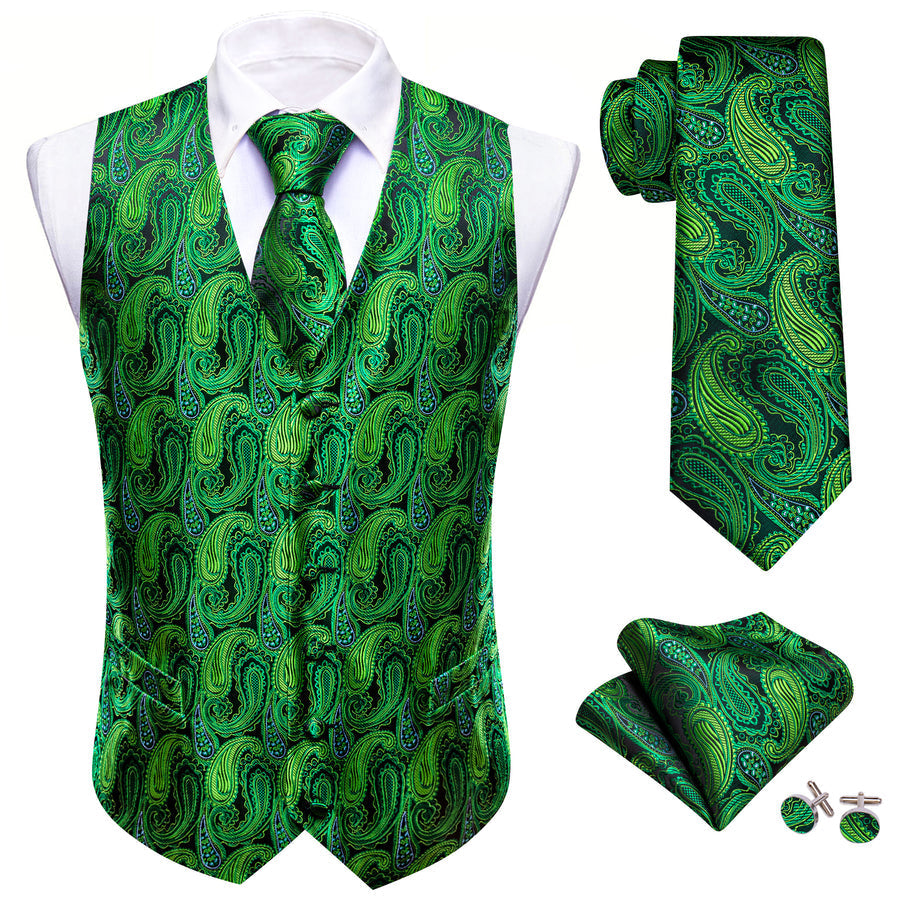 Emerald Green Paisley Silk Vest Set vest set    - Sophisticated Gentlemen