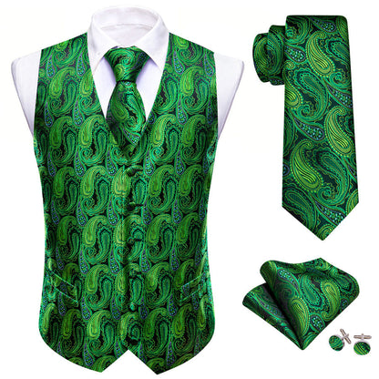 Emerald Green Paisley Silk Vest Set vest set    - Sophisticated Gentlemen