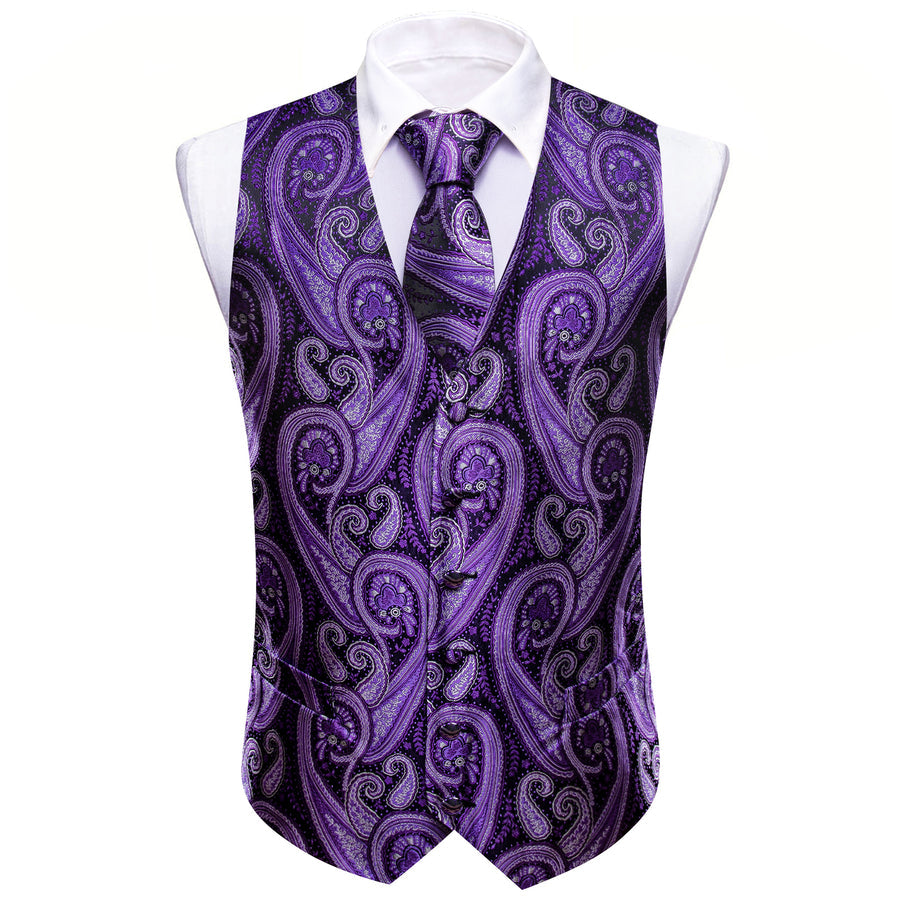 Purple Paisley Silk Men's Vest Set vest set    - Sophisticated Gentlemen