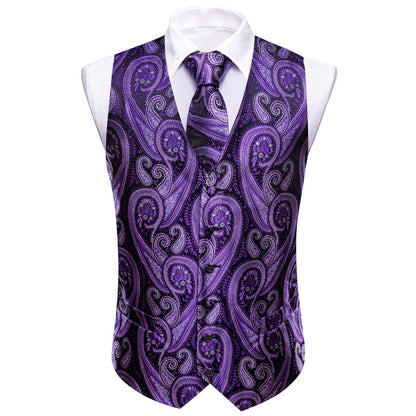 Purple Paisley Silk Men's Vest Set vest set    - Sophisticated Gentlemen
