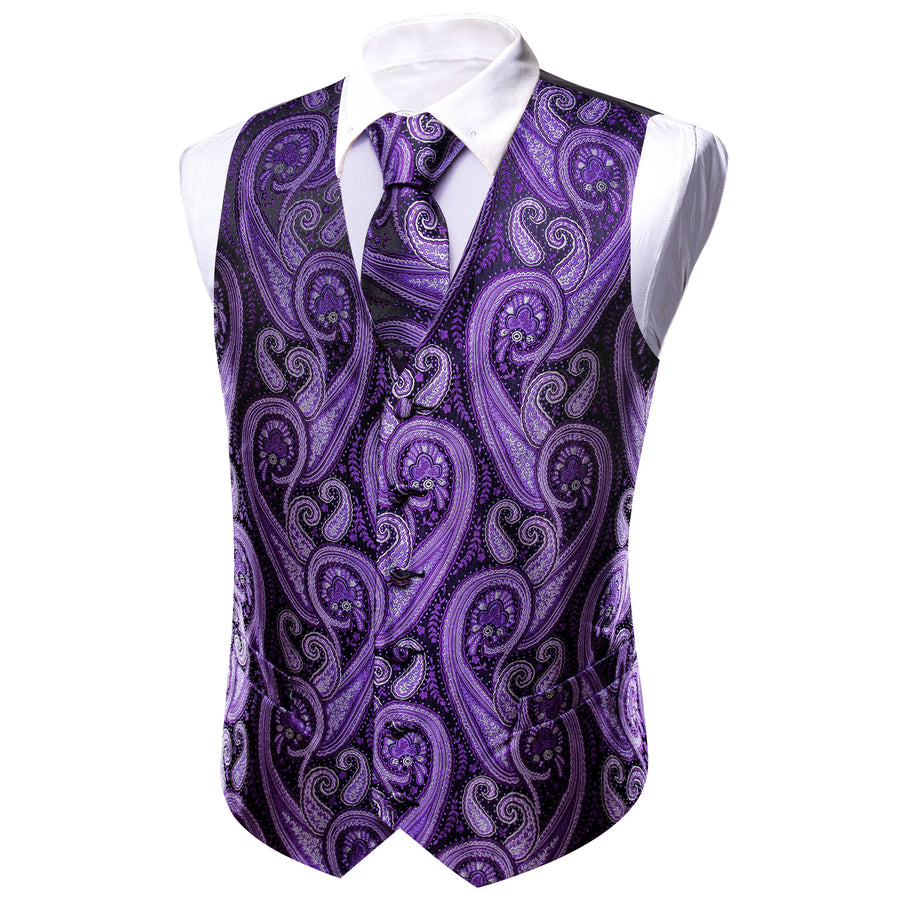 Purple Paisley Silk Men's Vest Set vest set    - Sophisticated Gentlemen