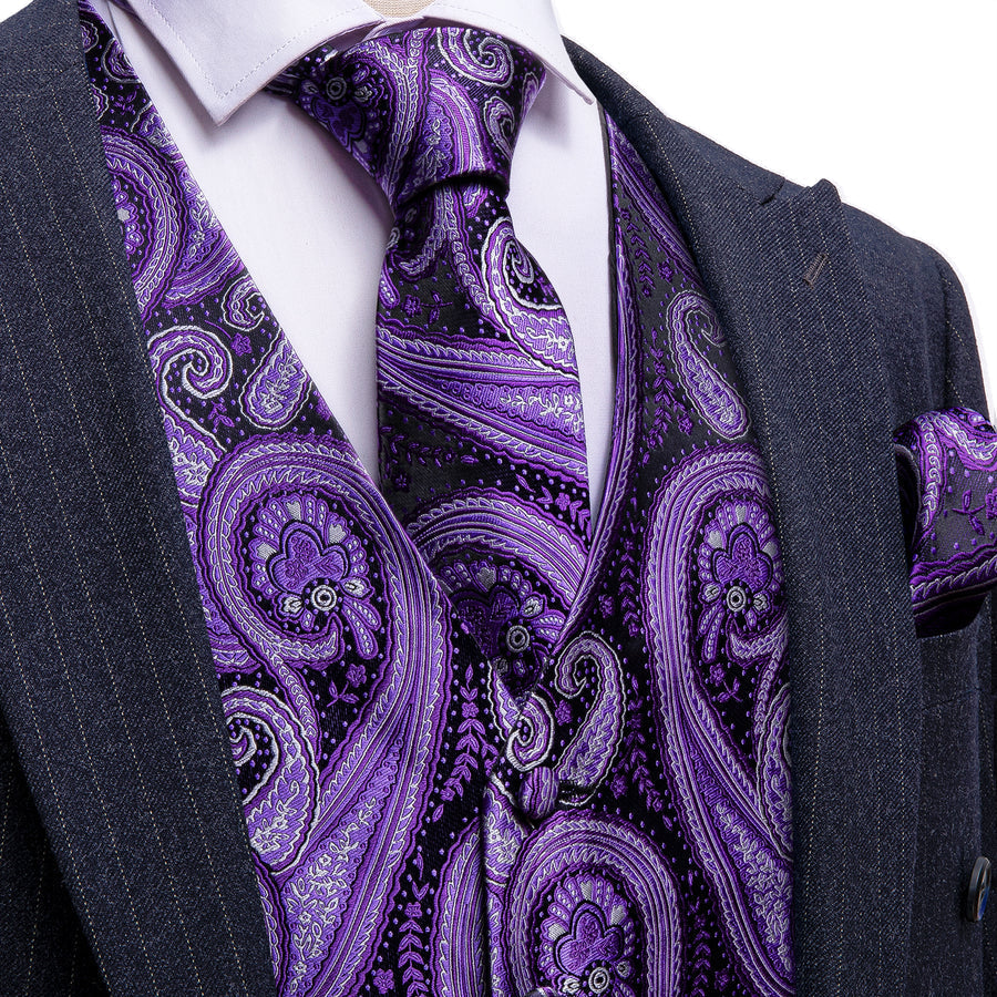 Purple Paisley Silk Men's Vest Set vest set S (Chest 40")   - Sophisticated Gentlemen