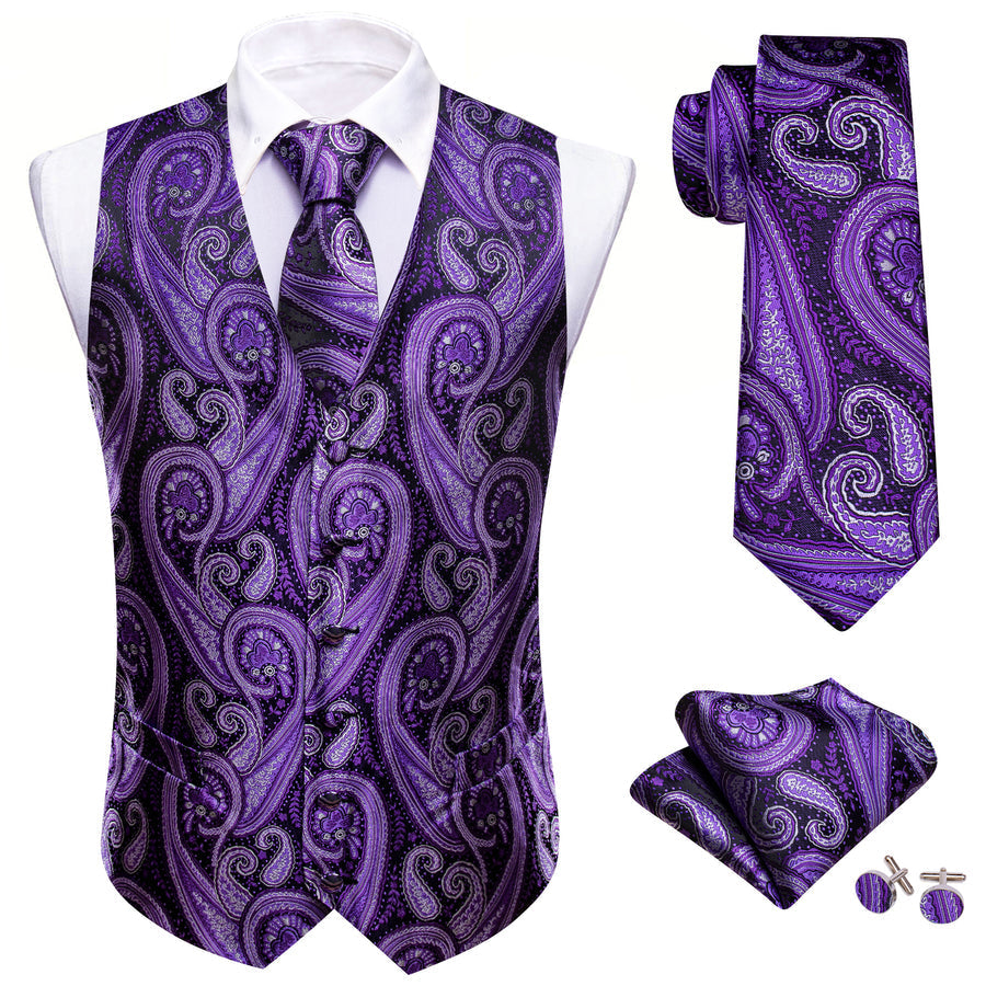 Purple Paisley Silk Men's Vest Set vest set    - Sophisticated Gentlemen