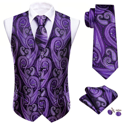 Purple Paisley Silk Men's Vest Set vest set    - Sophisticated Gentlemen