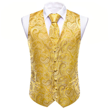 Yellow Paisley Silk Men's Vest Set vest set    - Sophisticated Gentlemen