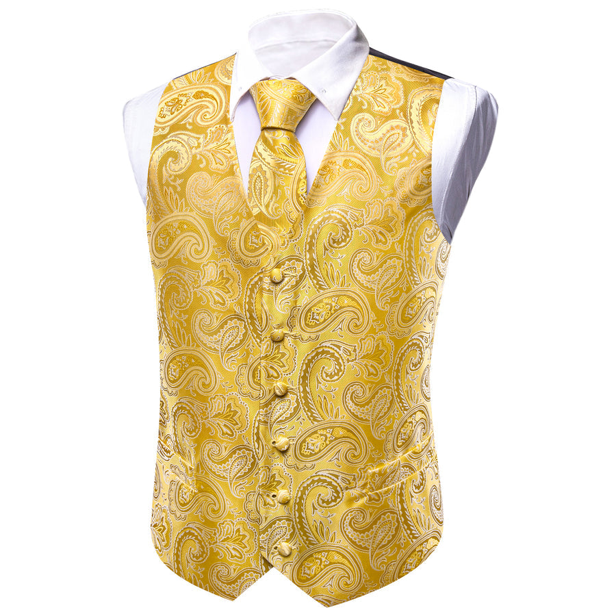 Yellow Paisley Silk Men's Vest Set vest set    - Sophisticated Gentlemen