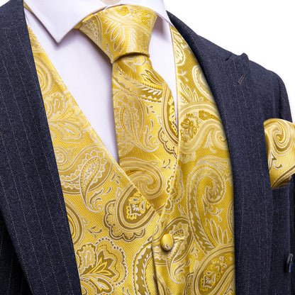 Yellow Paisley Silk Men's Vest Set vest set S (Chest 40")   - Sophisticated Gentlemen