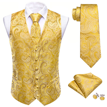 Yellow Paisley Silk Men's Vest Set vest set    - Sophisticated Gentlemen