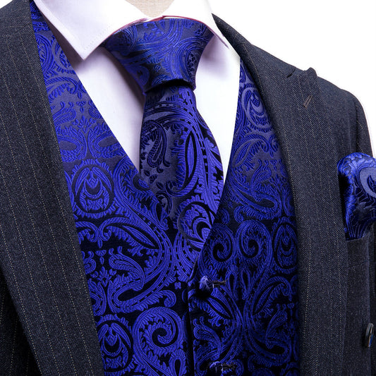 Medium Blue Paisley Silk Men's Vest Set vest set S (Chest 40")   - Sophisticated Gentlemen