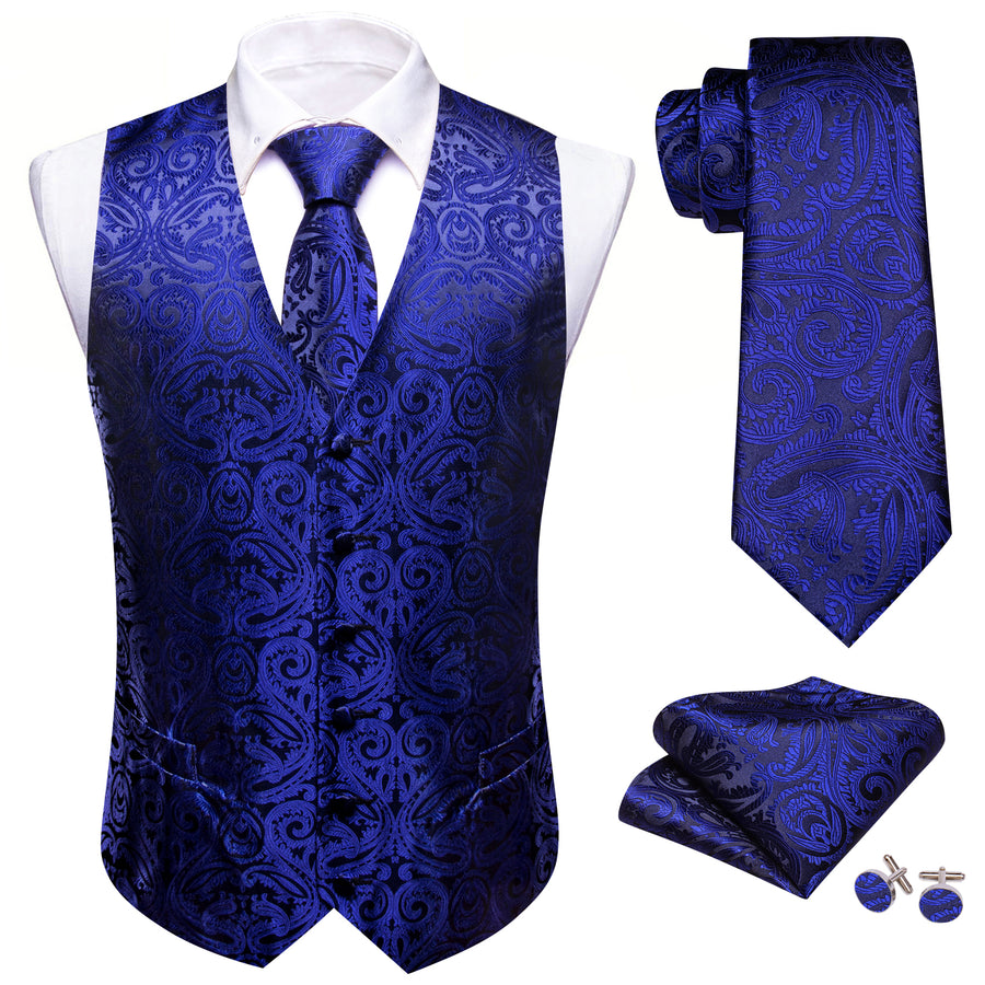 Medium Blue Paisley Silk Men's Vest Set vest set    - Sophisticated Gentlemen