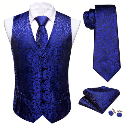 Medium Blue Paisley Silk Men's Vest Set vest set    - Sophisticated Gentlemen