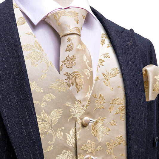 Light Golden Yellow Little Flower Silk Vest Set vest set S (Chest 40")   - Sophisticated Gentlemen