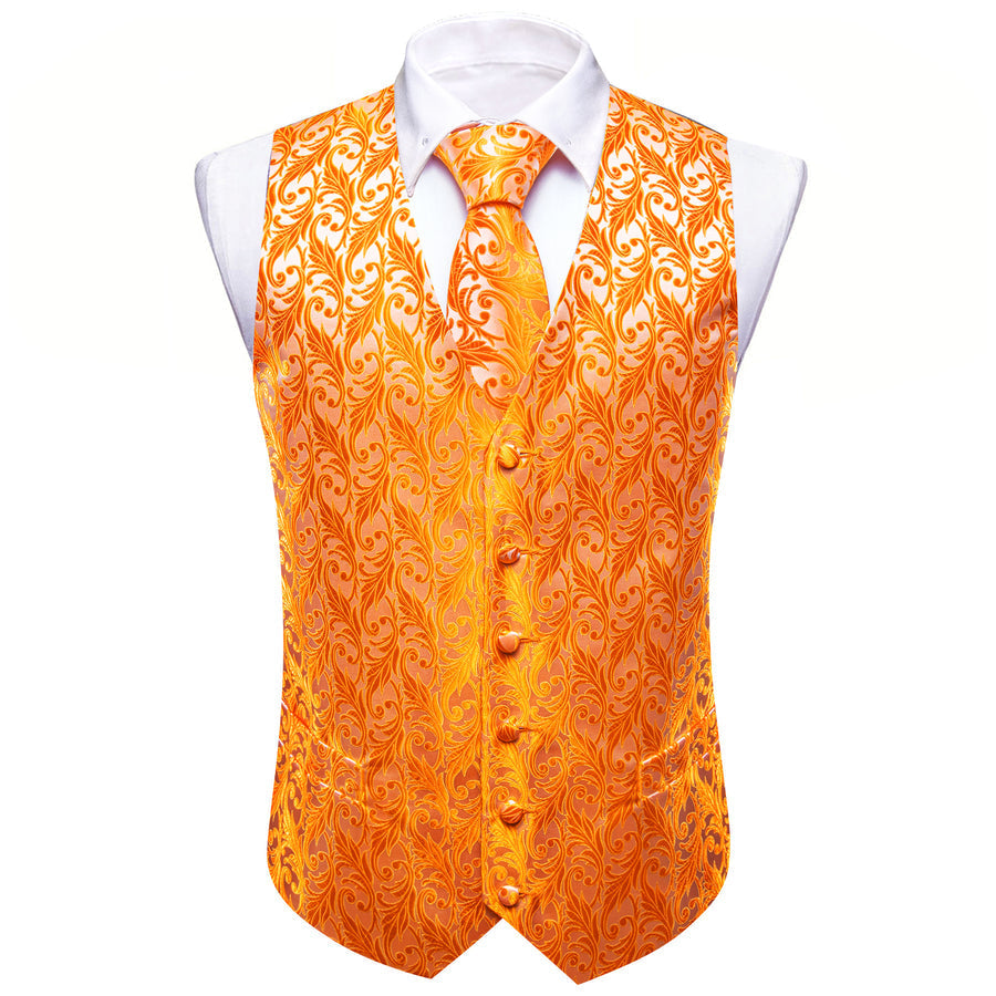 Orange Floral Silk Men's Vest Set vest set    - Sophisticated Gentlemen