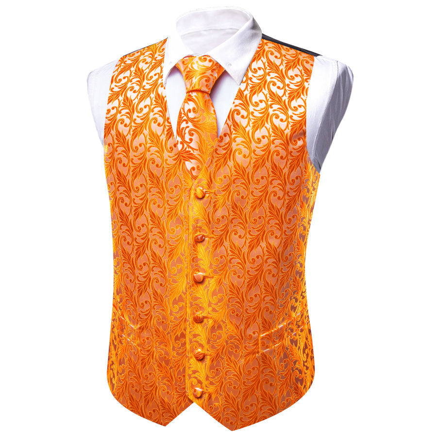 Orange Floral Silk Men's Vest Set vest set    - Sophisticated Gentlemen