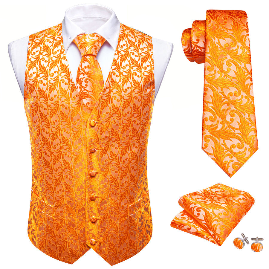 Orange Floral Silk Men's Vest Set vest set    - Sophisticated Gentlemen