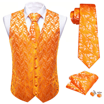 Orange Floral Silk Men's Vest Set vest set    - Sophisticated Gentlemen