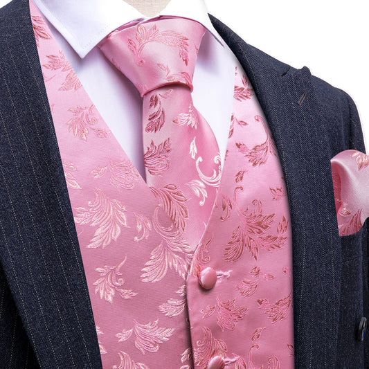 Pink Floral Silk Men's Vest Set vest set S (Chest 40")   - Sophisticated Gentlemen