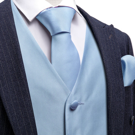 Light Sky Blue Striped Silk Men's Vest Set vest set S (Chest 40")   - Sophisticated Gentlemen