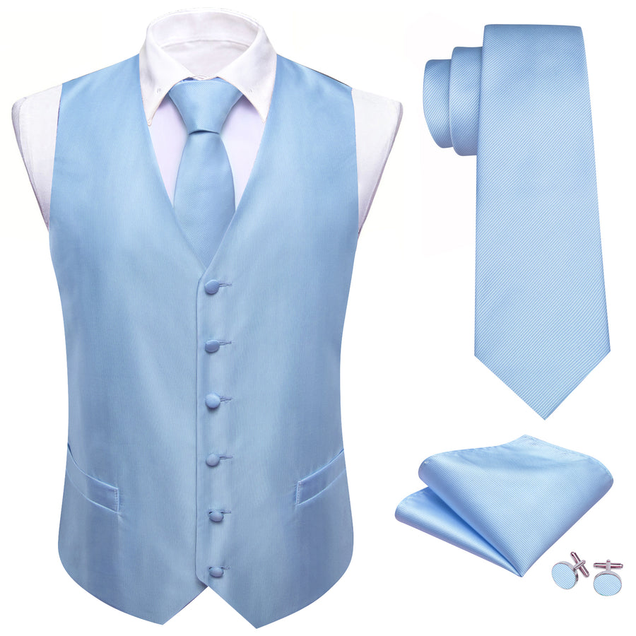 Light Sky Blue Striped Silk Men's Vest Set vest set    - Sophisticated Gentlemen