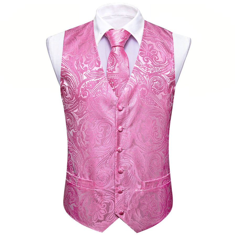 Hot Pink Paisley Silk Men's Vest Set vest set S (Chest 40")   - Sophisticated Gentlemen