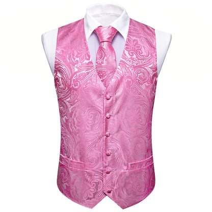 Hot Pink Paisley Silk Men's Vest Set vest set S (Chest 40")   - Sophisticated Gentlemen