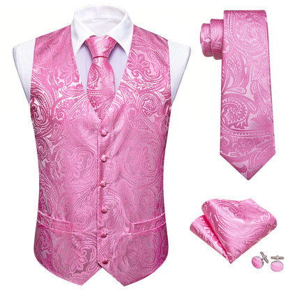 Hot Pink Paisley Silk Men's Vest Set vest set    - Sophisticated Gentlemen