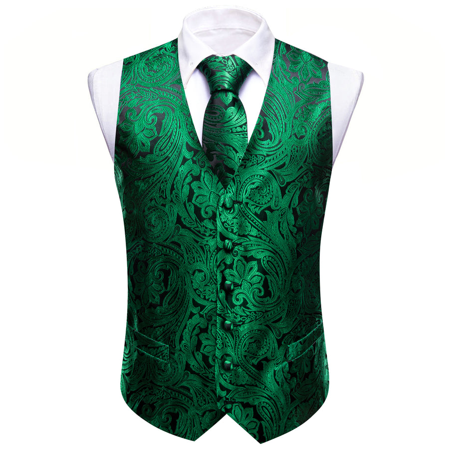 Black Emerald Green Floral Silk Men's Vest Set vest set    - Sophisticated Gentlemen