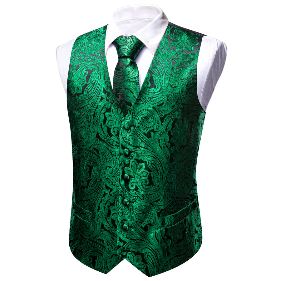 Black Emerald Green Floral Silk Men's Vest Set vest set    - Sophisticated Gentlemen