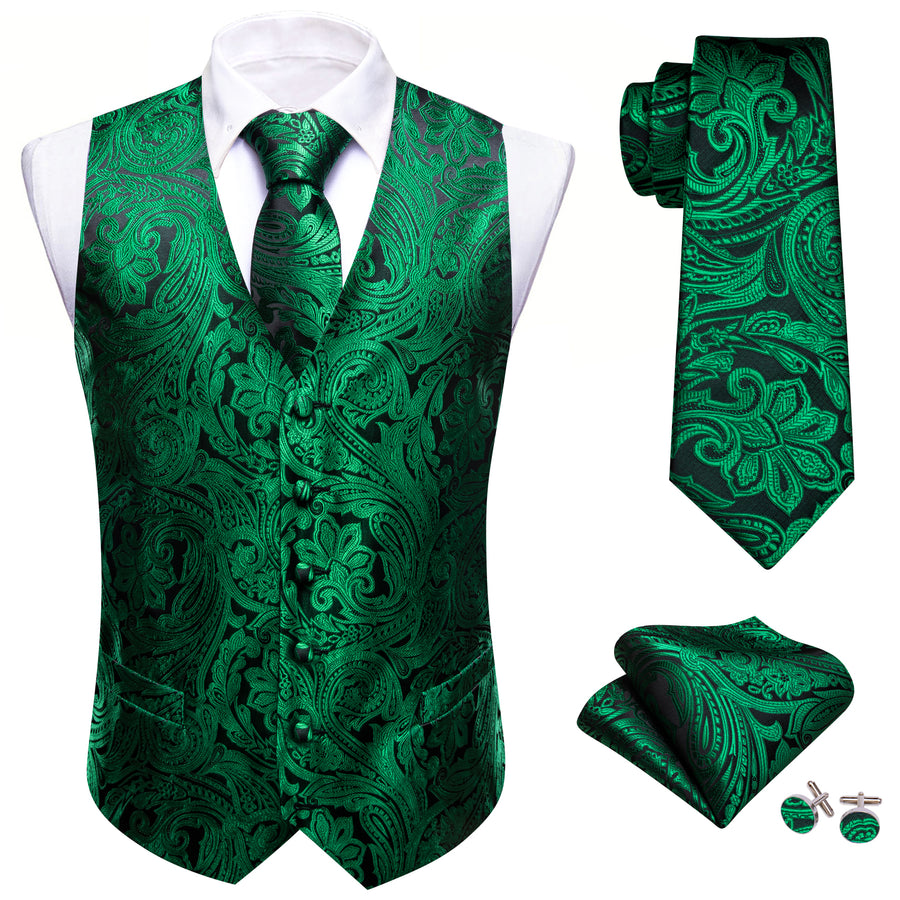 Black Emerald Green Floral Silk Men's Vest Set vest set    - Sophisticated Gentlemen