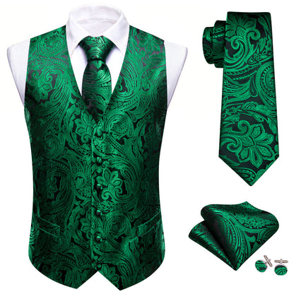 Black Emerald Green Floral Silk Men's Vest Set vest set    - Sophisticated Gentlemen