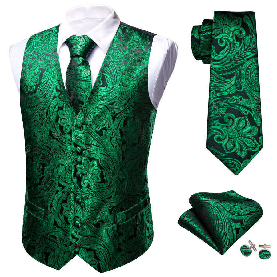 Black Emerald Green Floral Silk Men's Vest Set vest set    - Sophisticated Gentlemen