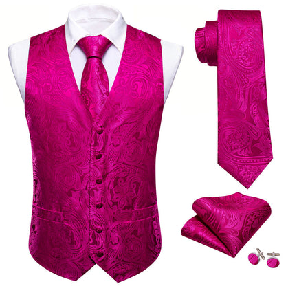 DeepPink Floral Silk Vest Set vest set    - Sophisticated Gentlemen