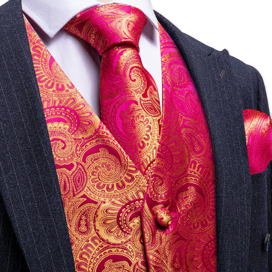 Pink Yellow Paisley Silk Vest Set vest set S (Chest 40")   - Sophisticated Gentlemen