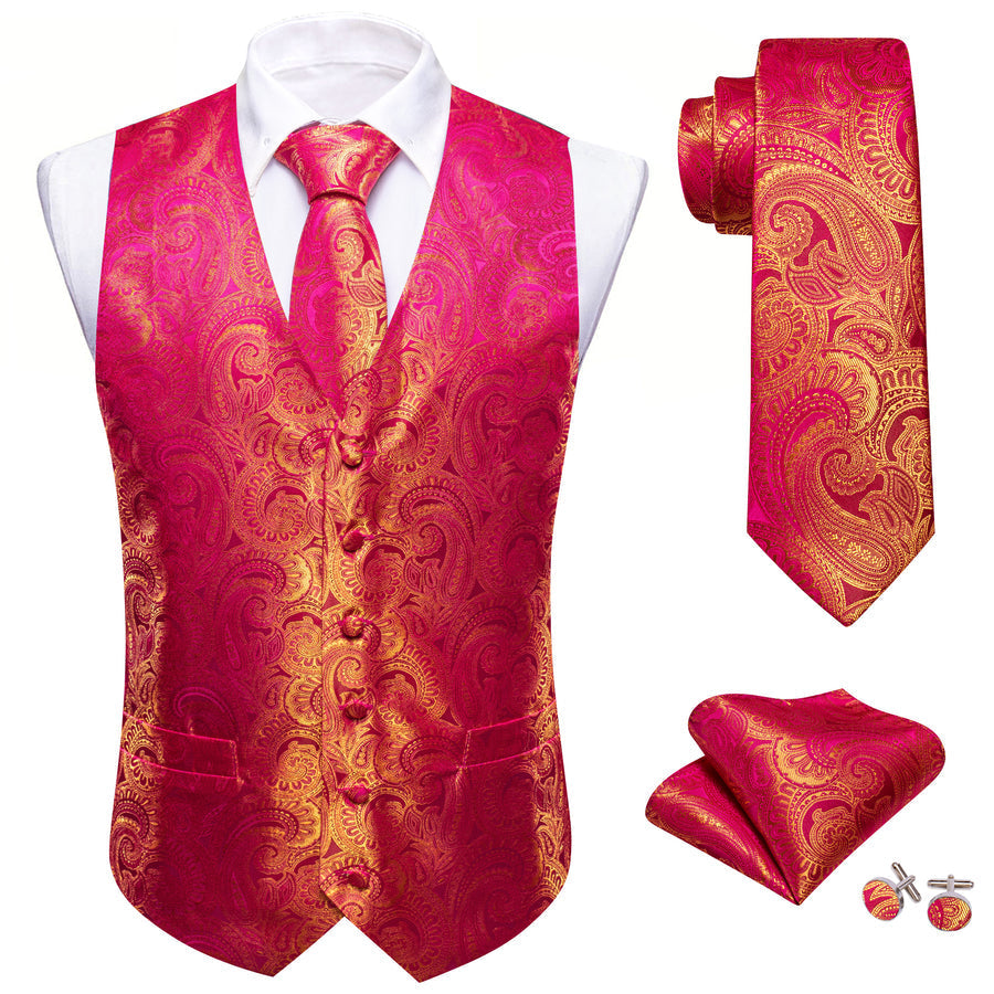 Pink Yellow Paisley Silk Vest Set vest set    - Sophisticated Gentlemen